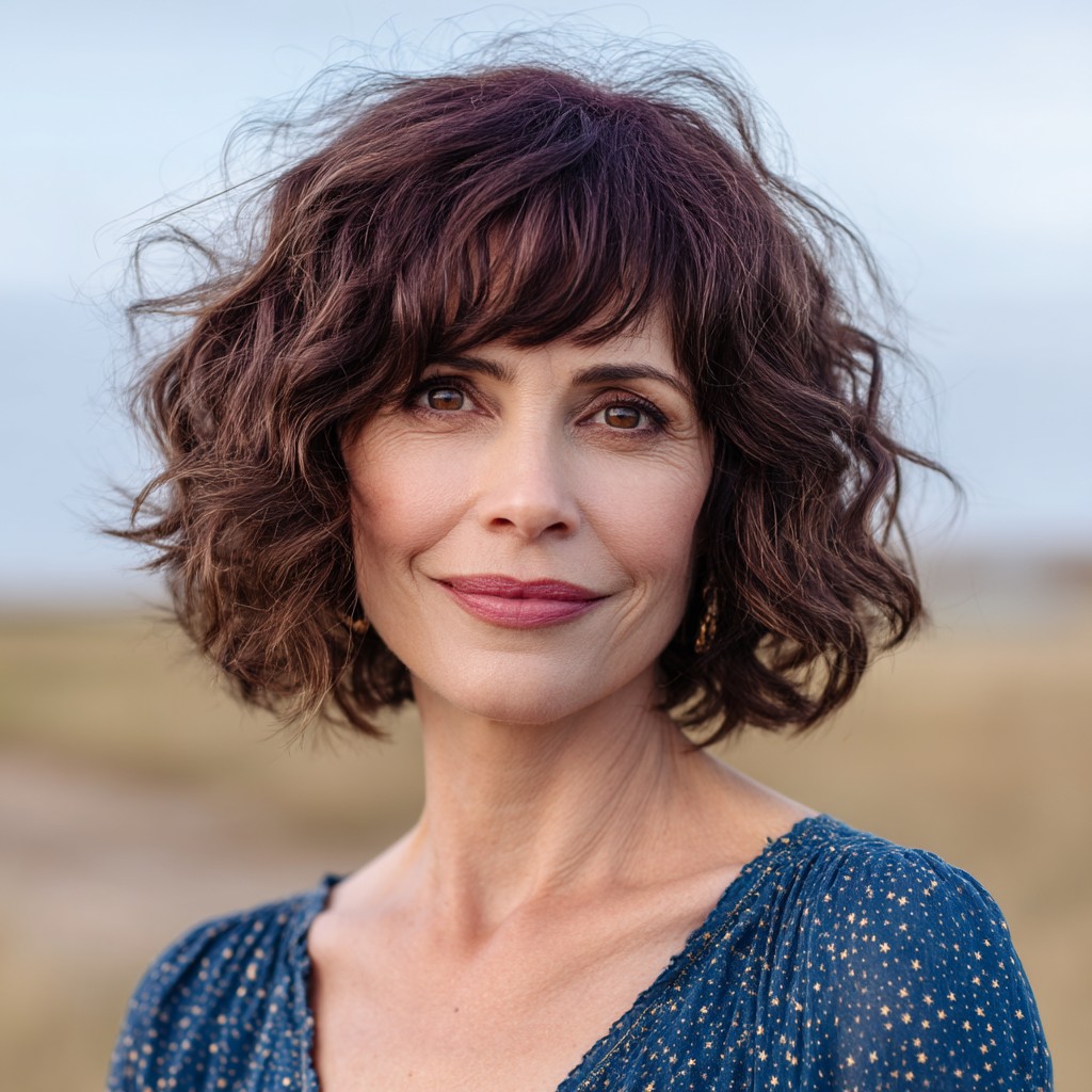 Textured Chocolate Curly Bob with Soft Bangs