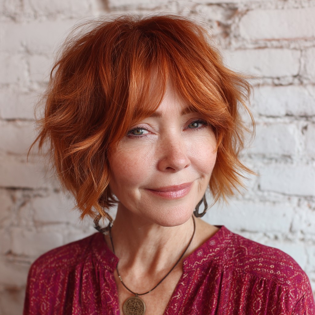Textured Copper Wavy Bob with Soft Bangs