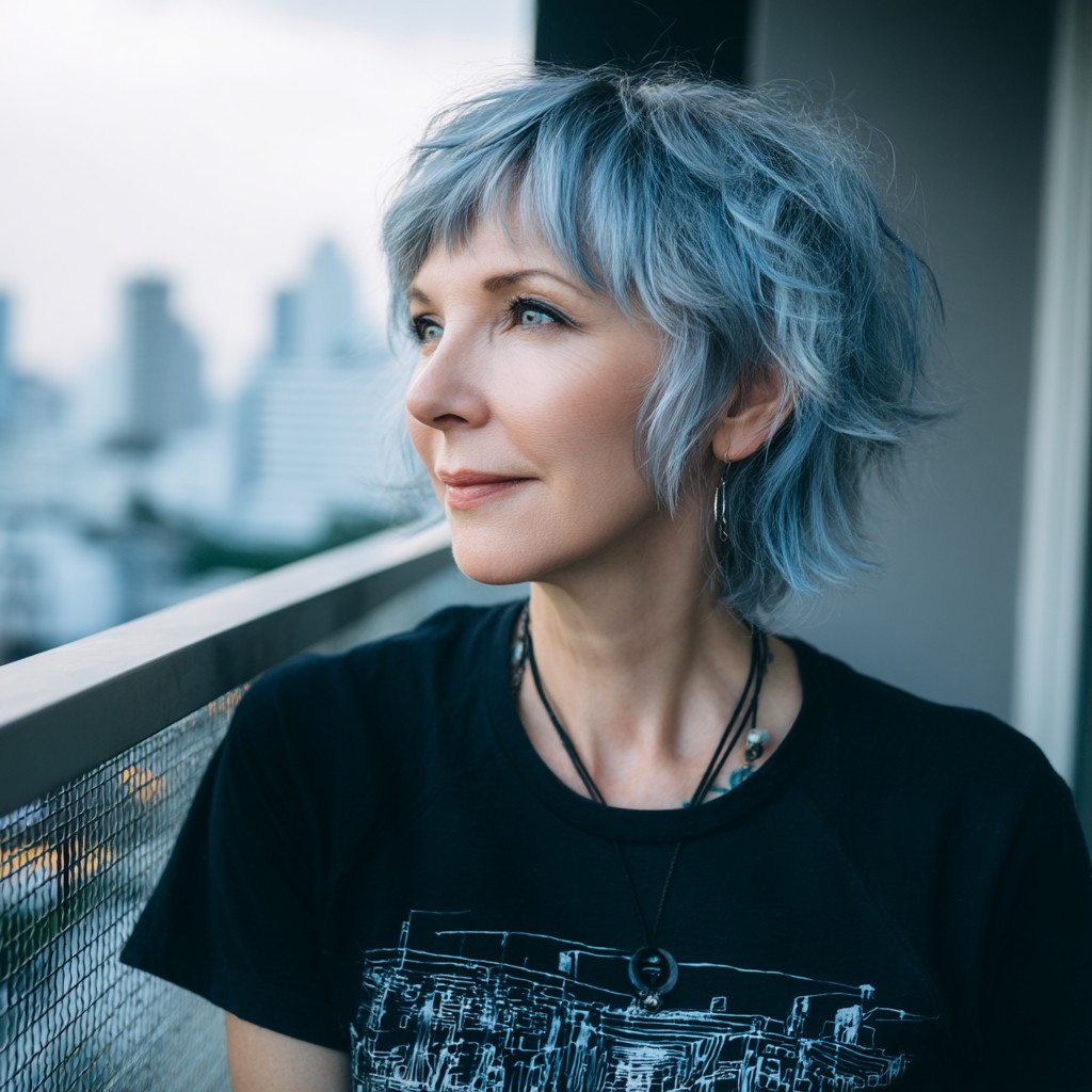 textured ice blue pixie with soft layers