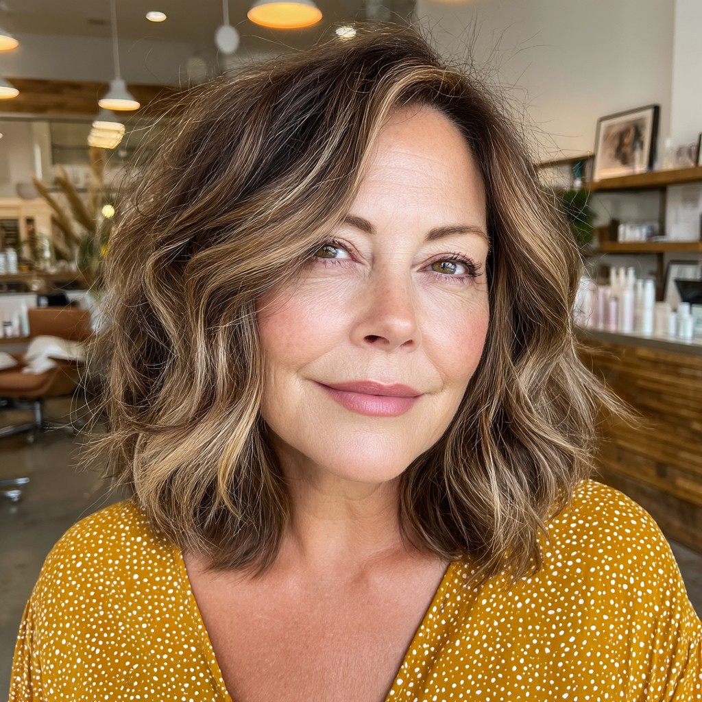 Textured Medium-Length Cut with Warm Caramel Highlights