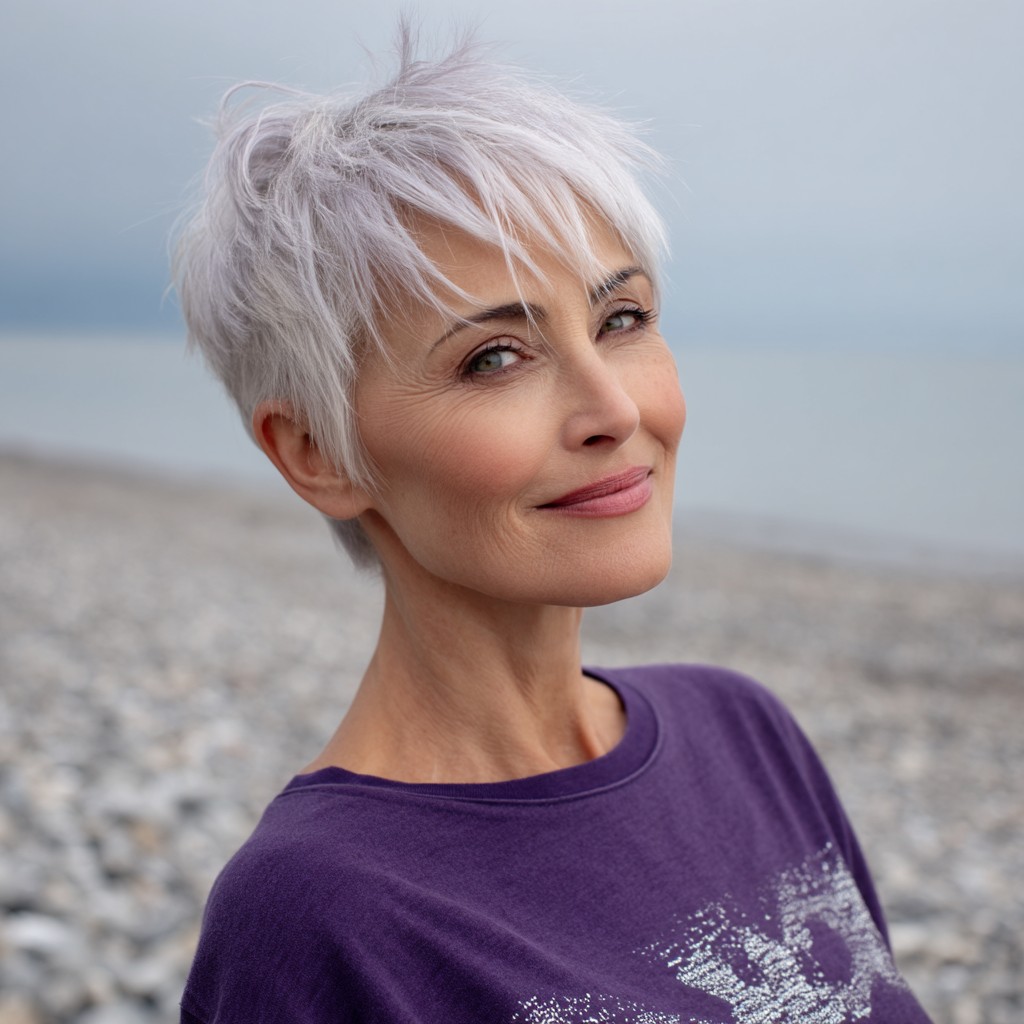 Textured Short Silver Pixie Cut with Feathered Layers