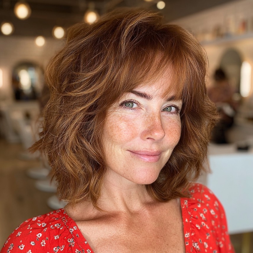 Textured Shoulder-Length Waves with Curtain Bangs