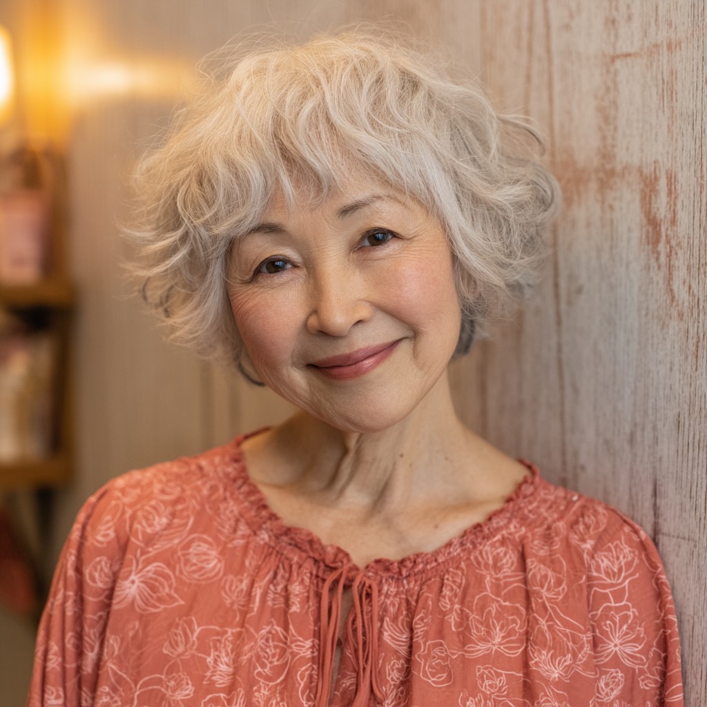 Textured Silver Curly Bob with Soft Volume