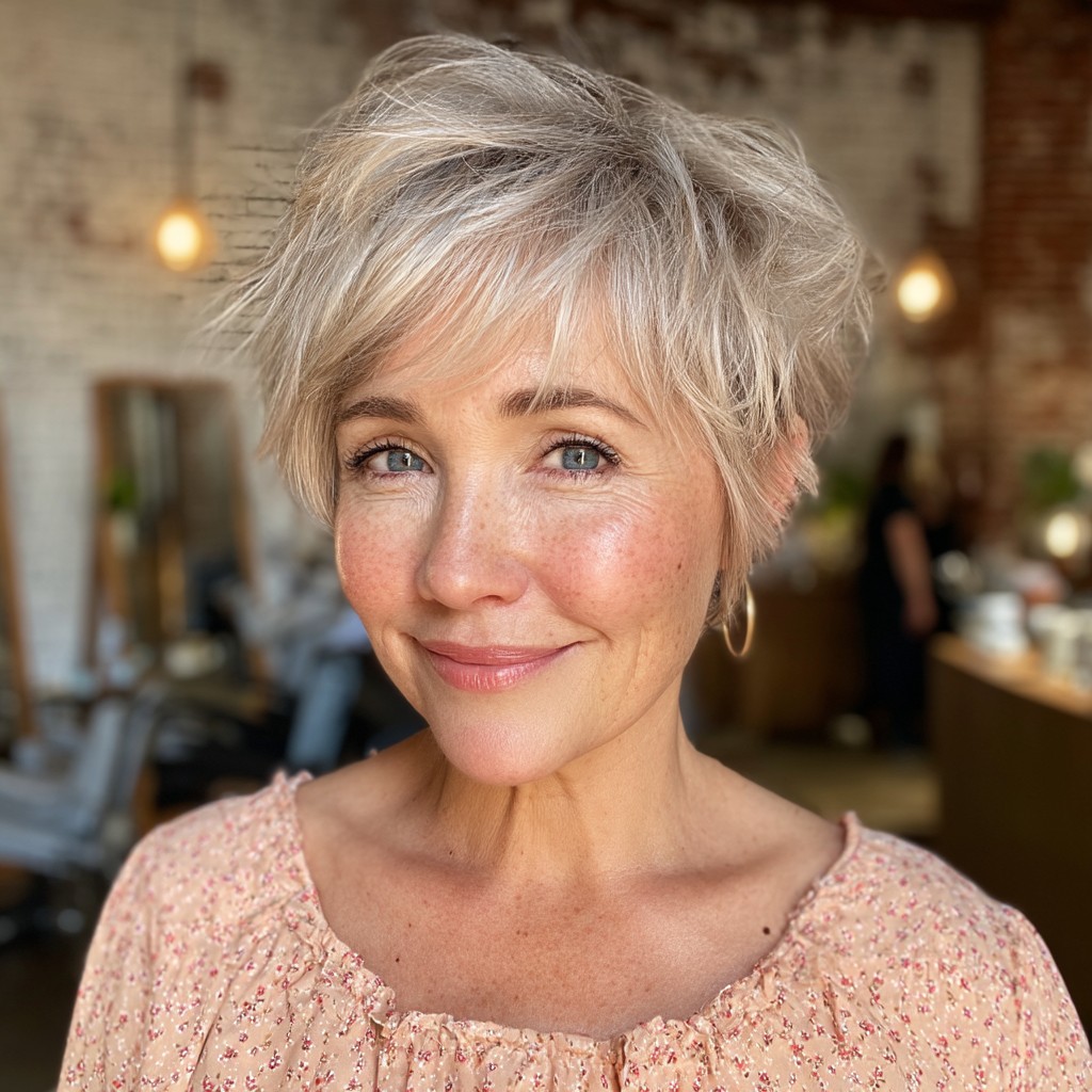 Textured Soft Blonde Mixie Cut with Layered Fringe