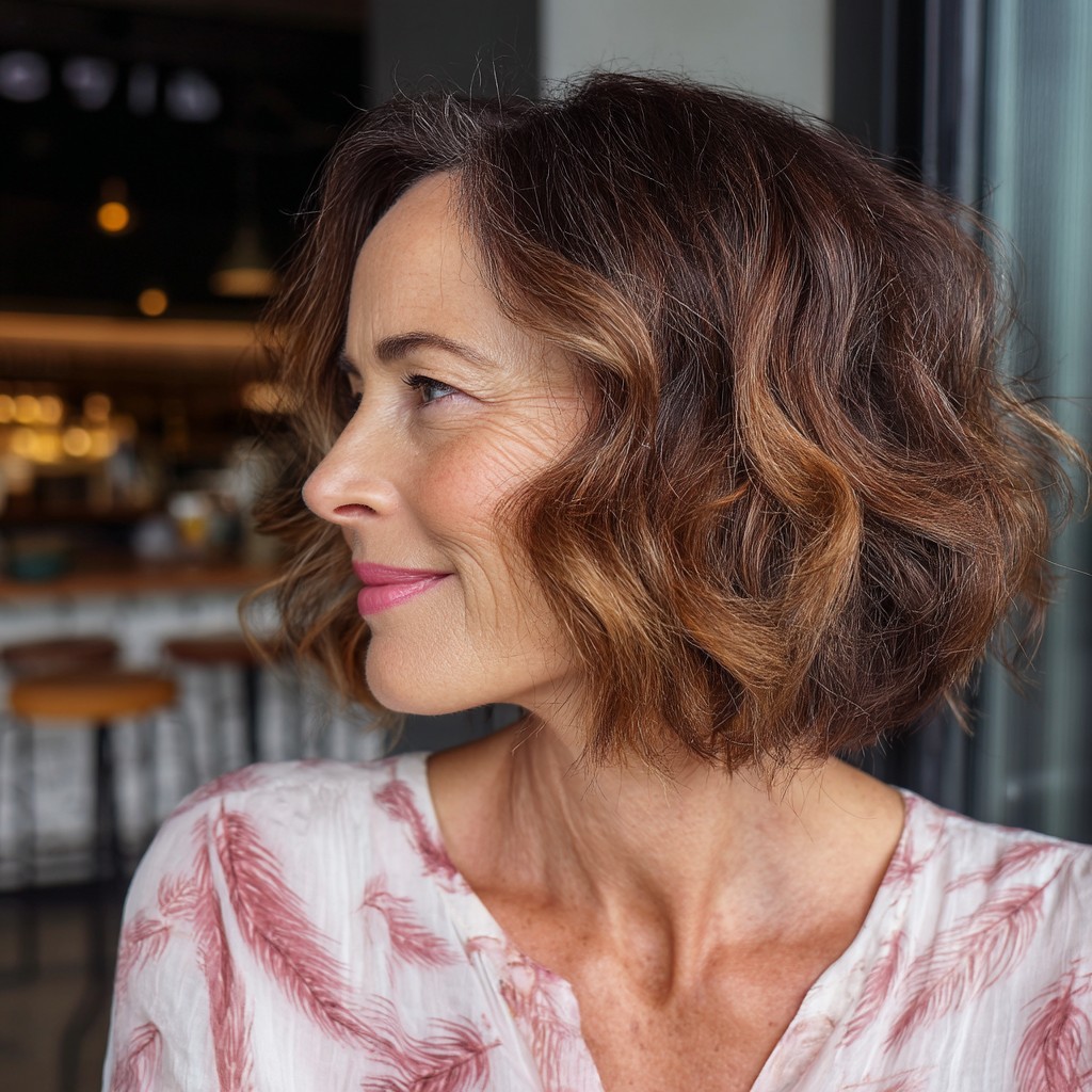 Textured Warm Brown Bob with Soft Waves