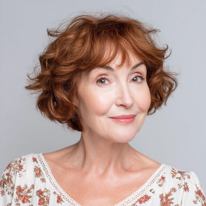 Textured Cinnamon Brown Curly Bob with Soft Layers