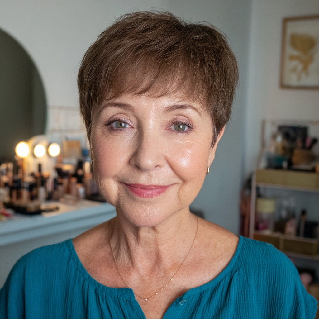 Charming Light Brown Textured Pixie Cut with Soft Bangs