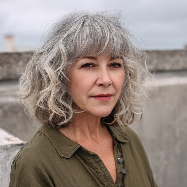 Chic Gray Curly Bob with Subtle Heavy Bangs