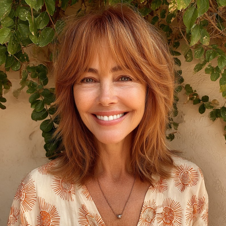 chic layered cinnamon brown cut with face framing bangs