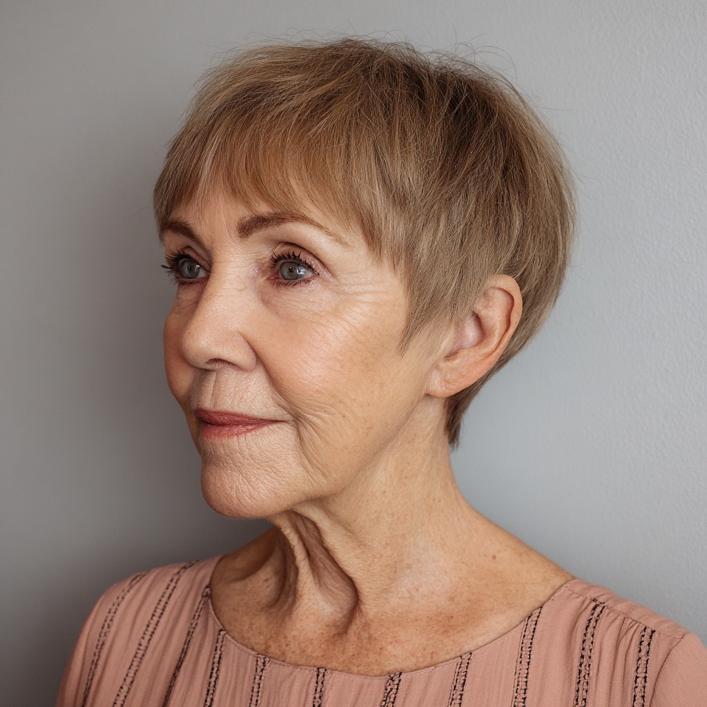 chic textured pixie cut with light brown highlights