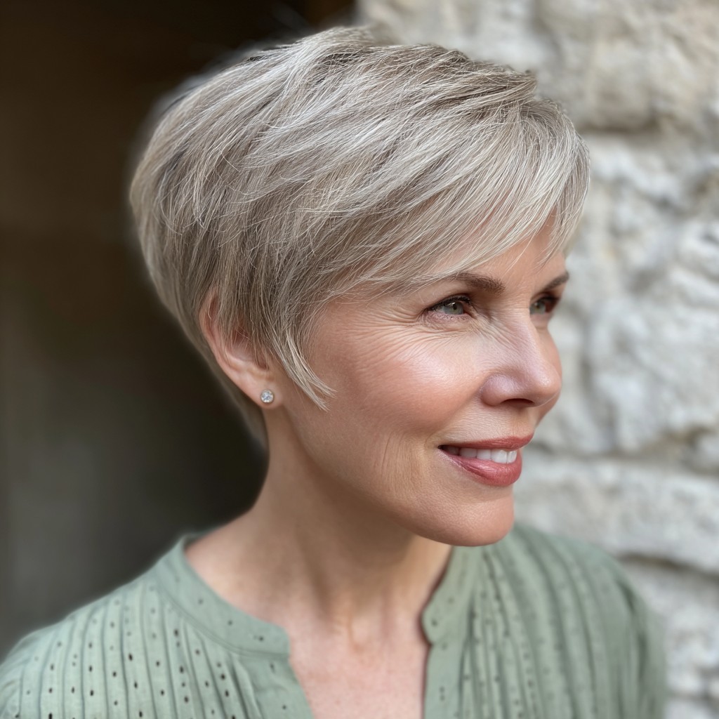 Chic Textured Platinum Pixie with Side-Swept Bangs