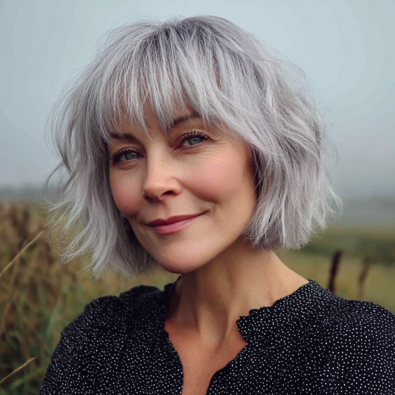 Choppy Silver Bob with Soft See-Through Bangs