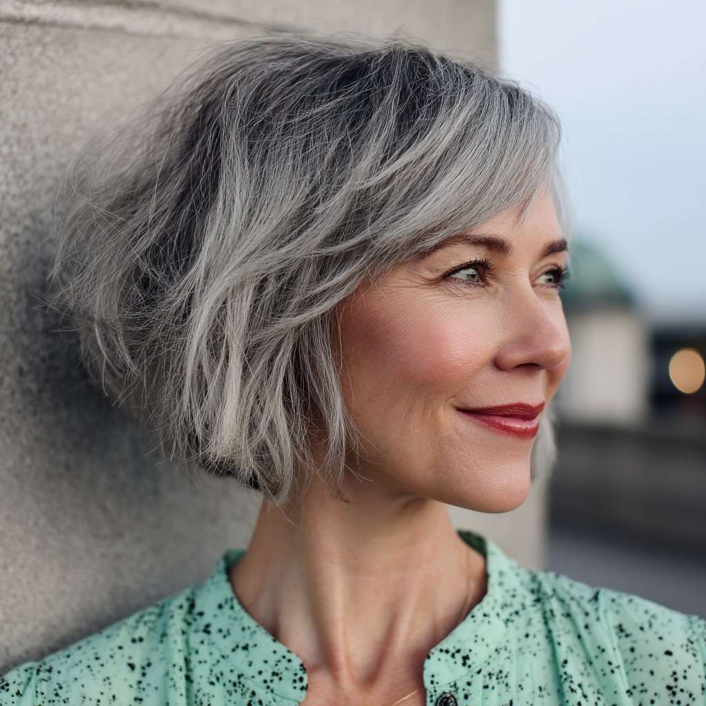 Choppy Textured Ash Gray Bob with Subtle Layers