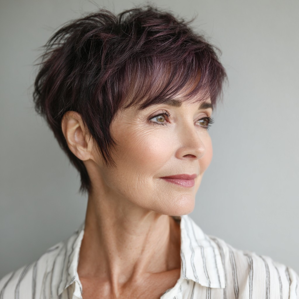 Choppy Textured Short Cut with Subtle Plum Highlights