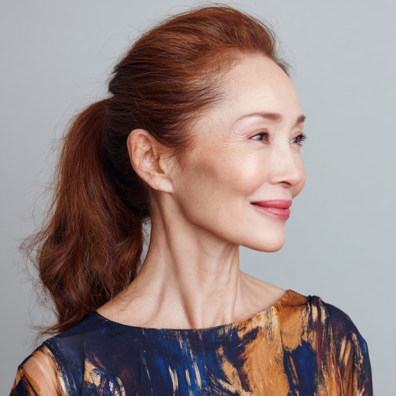 Elegant Cinnamon Brown Low Ponytail with Soft Volume