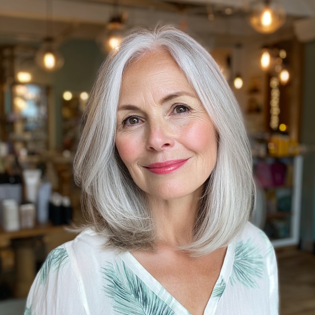 Elegant Silver Lob with Soft Face-Framing Layers