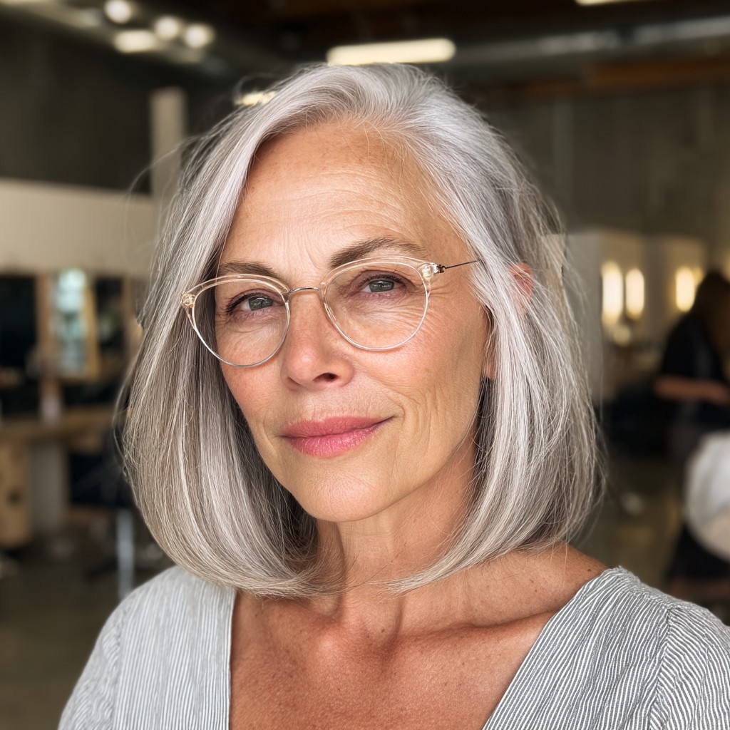Elegant Silver Mid-Length Bob with Soft Layers