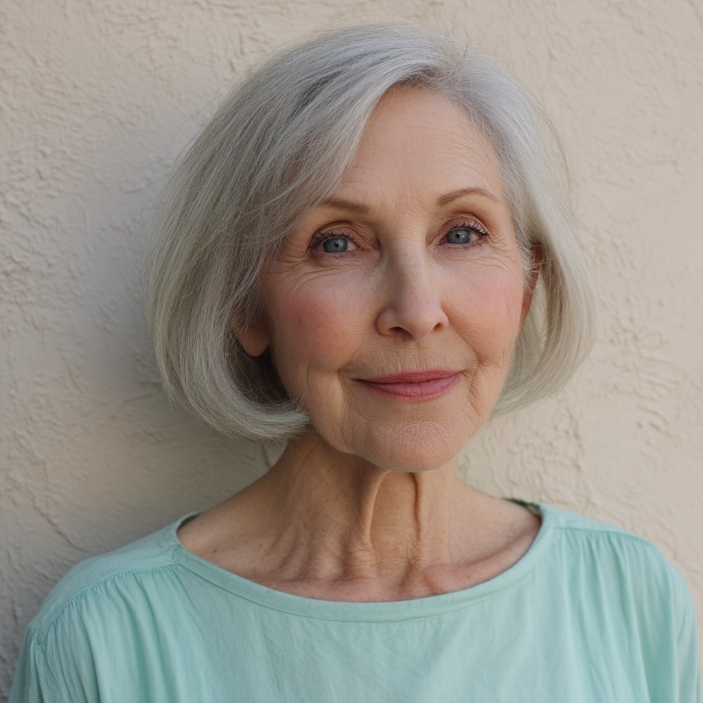 Elegant Softly Layered Silver Lob with Face-Framing Layers