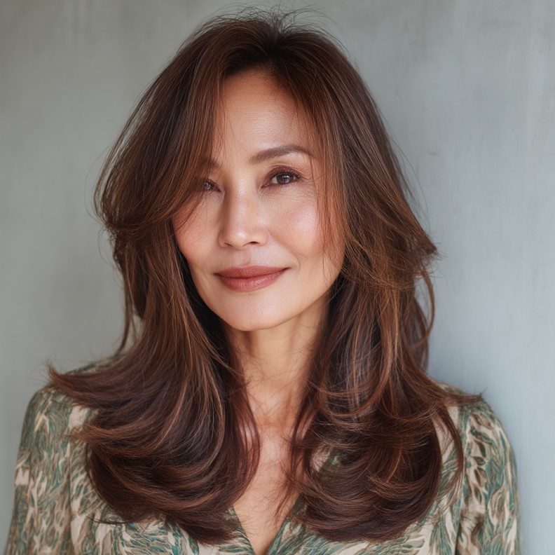 Layered Cinnamon Brown Elegance with Soft Face-Framing Layers