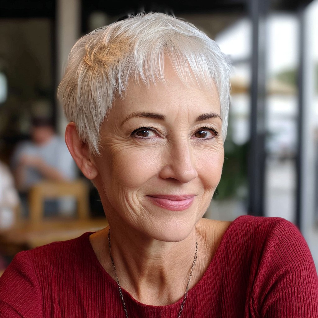 Modern Textured Silver Pixie Cut with Soft Bangs