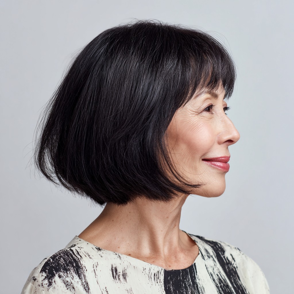 Sleek Jet Black Bob with Soft Fringe
