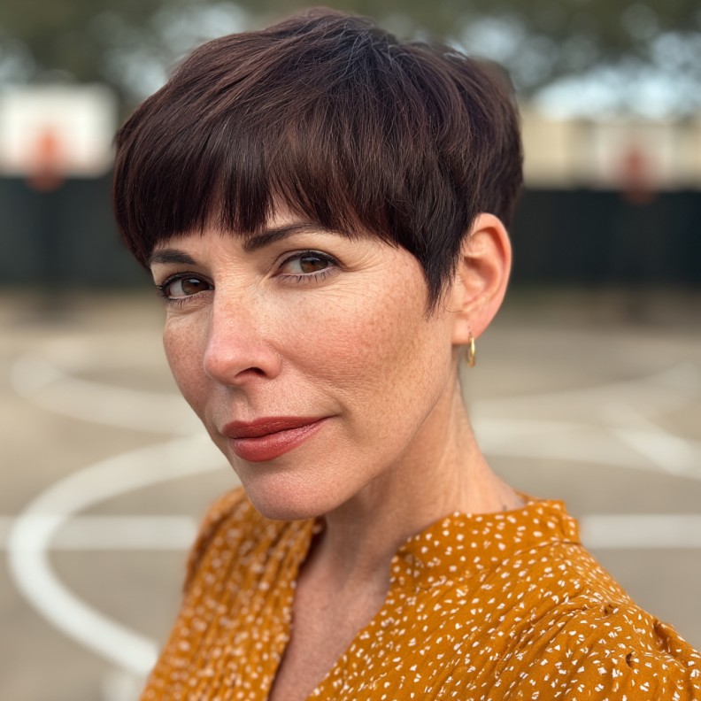 Sleek Textured Pixie Cut with Heavy Bangs