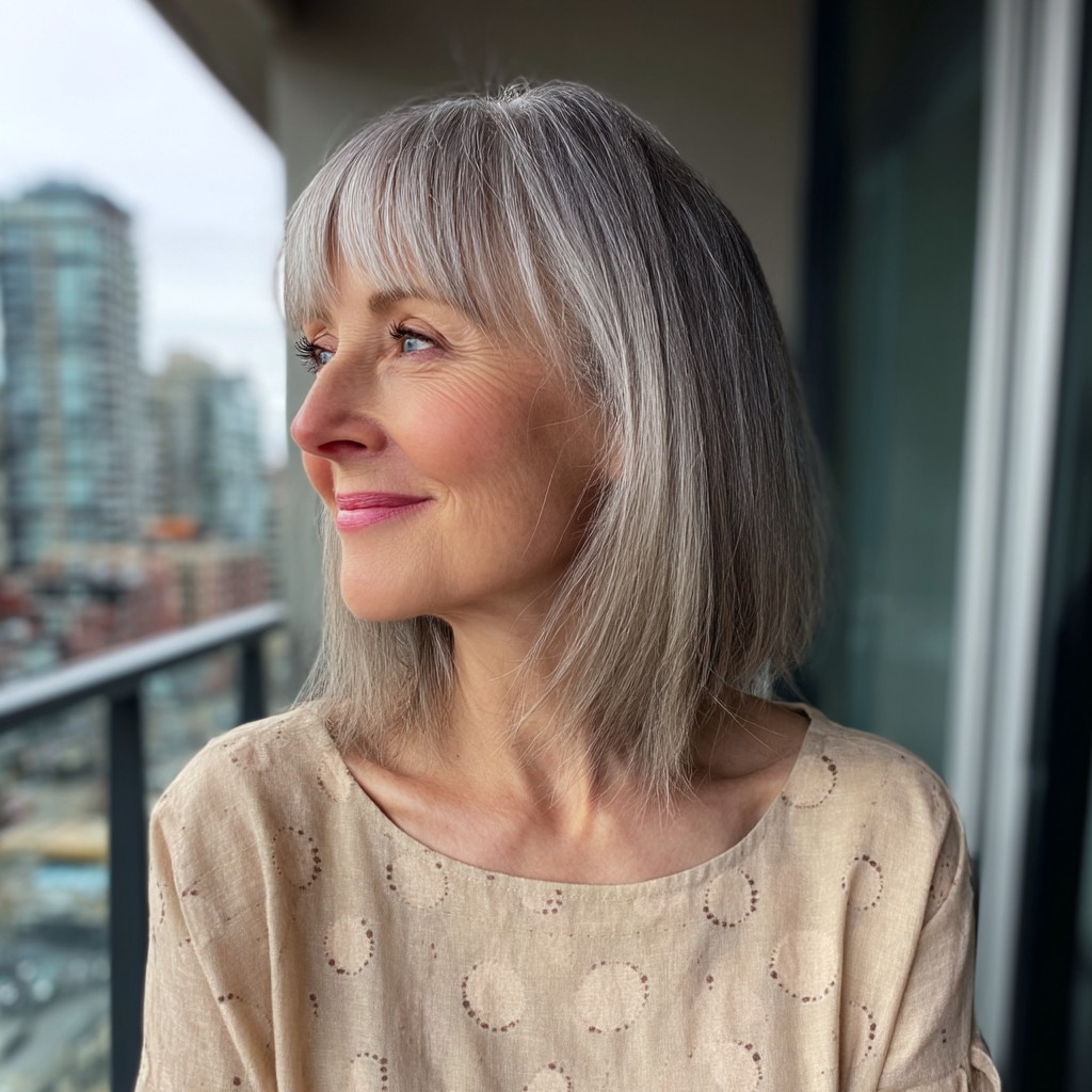 Softly Blended Silver Lob with Subtle Bangs