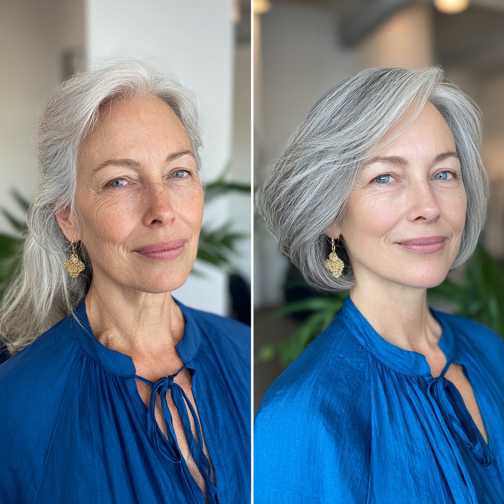 Softly Framed Silver Bob with Side-Parted Layers