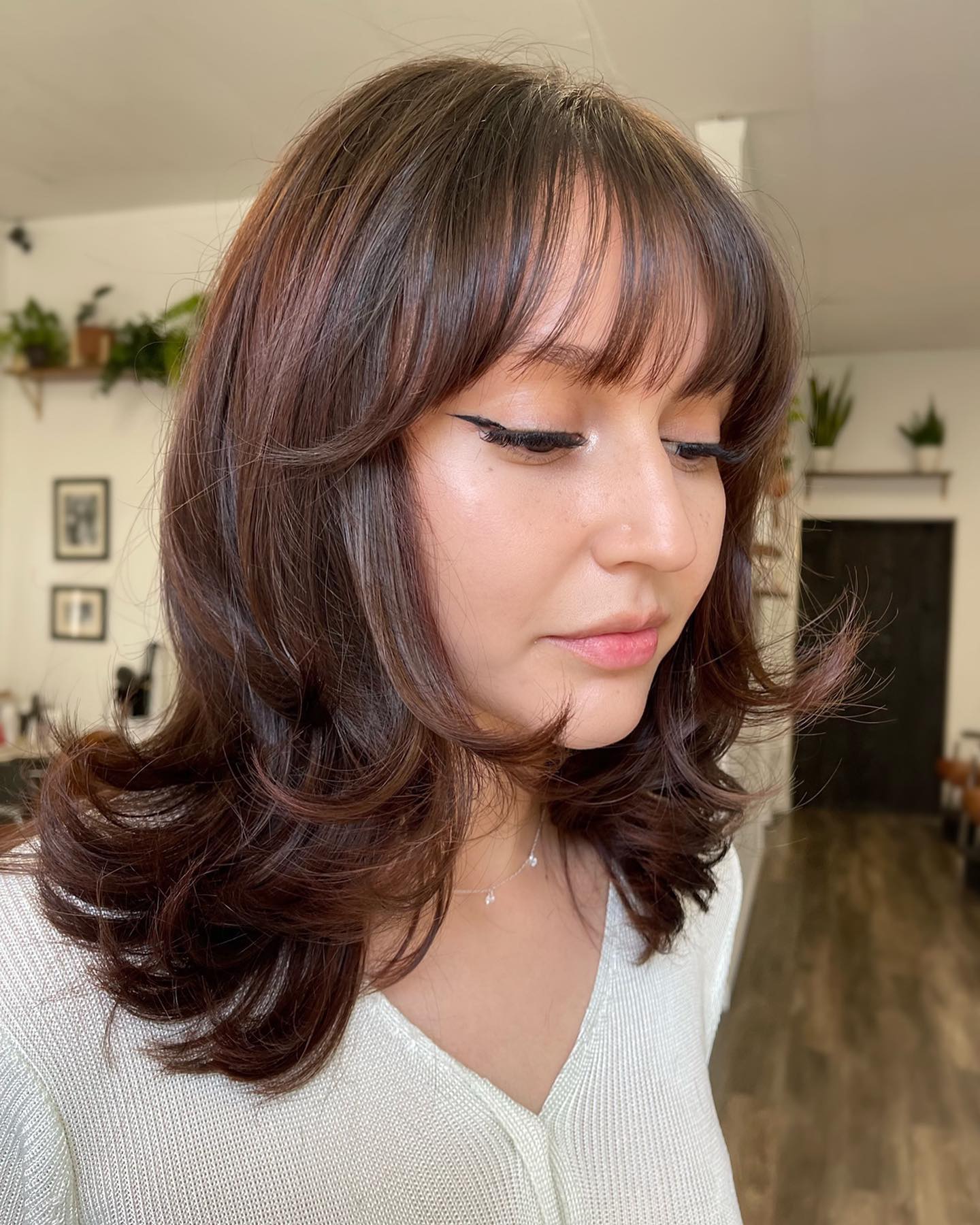 Softly Layered Chestnut Cut with See-Through Bangs