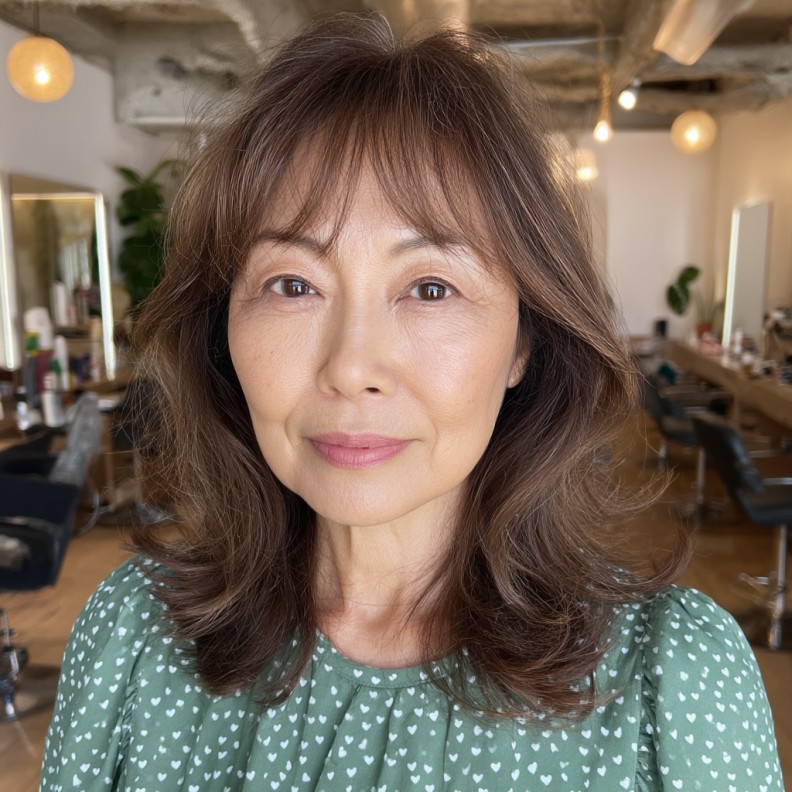 Softly Layered Chestnut Cut with Wispy See-Through Bangs