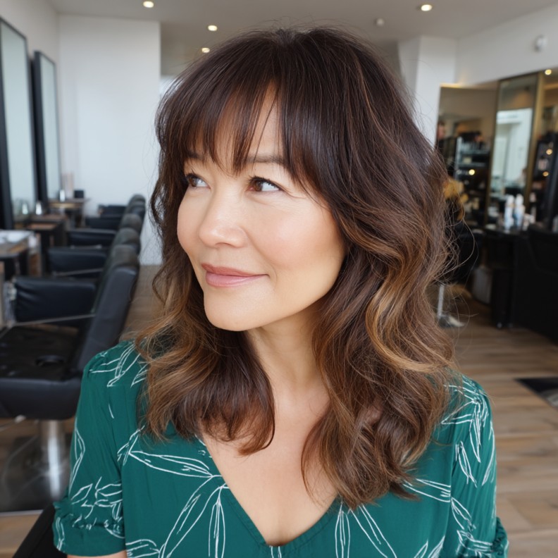 Softly Layered Chocolate Waves with See-Through Bangs