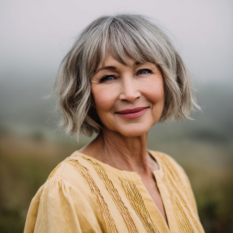 Softly Textured Silver Blunt Bob with Wispy Ends