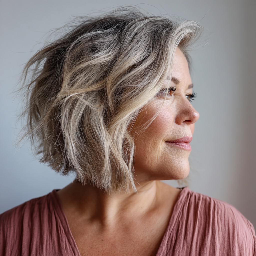 Textured Ash Blonde Wavy Bob with Soft Layers