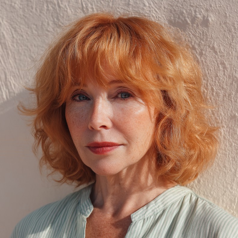Textured Copper Waves with Soft Heavy Bangs