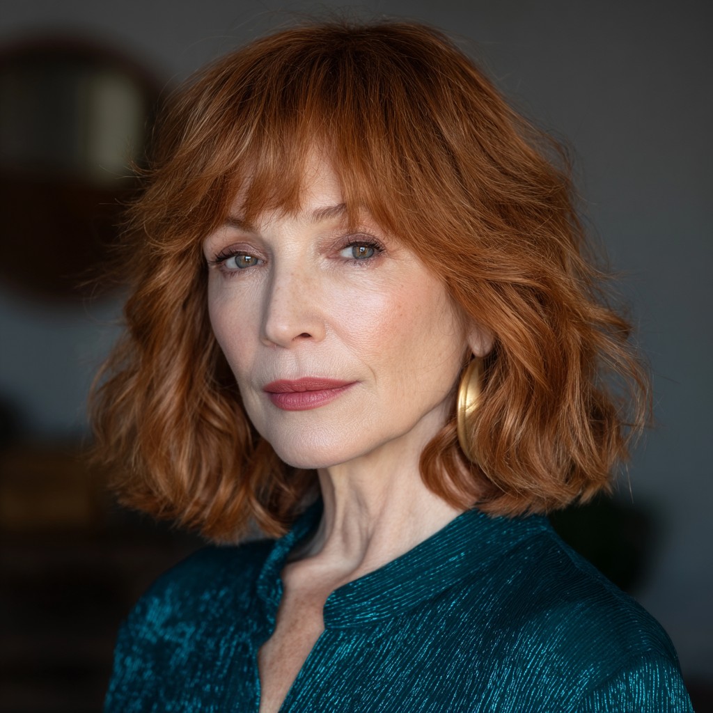 Textured Mid-Length Copper Waves with Soft Bangs