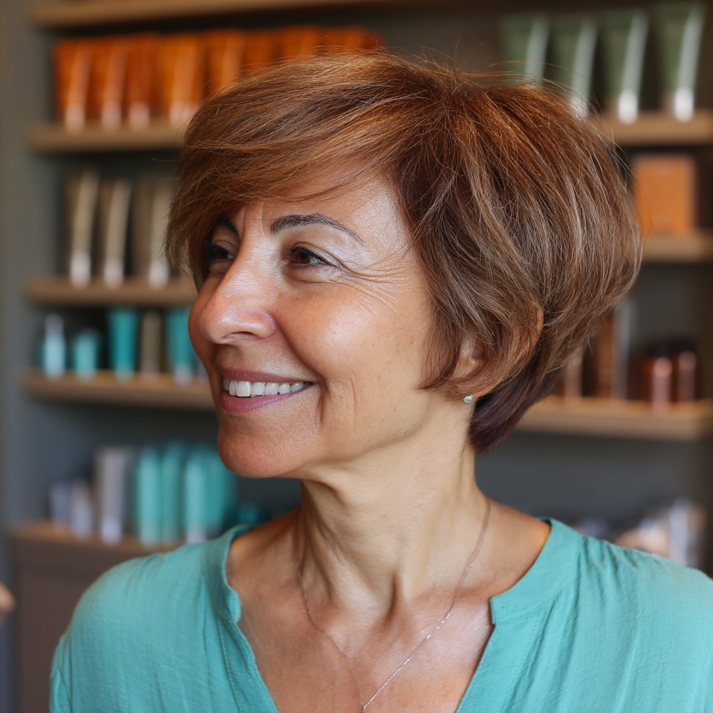 Textured Short Copper Layered Cut with Soft Bangs