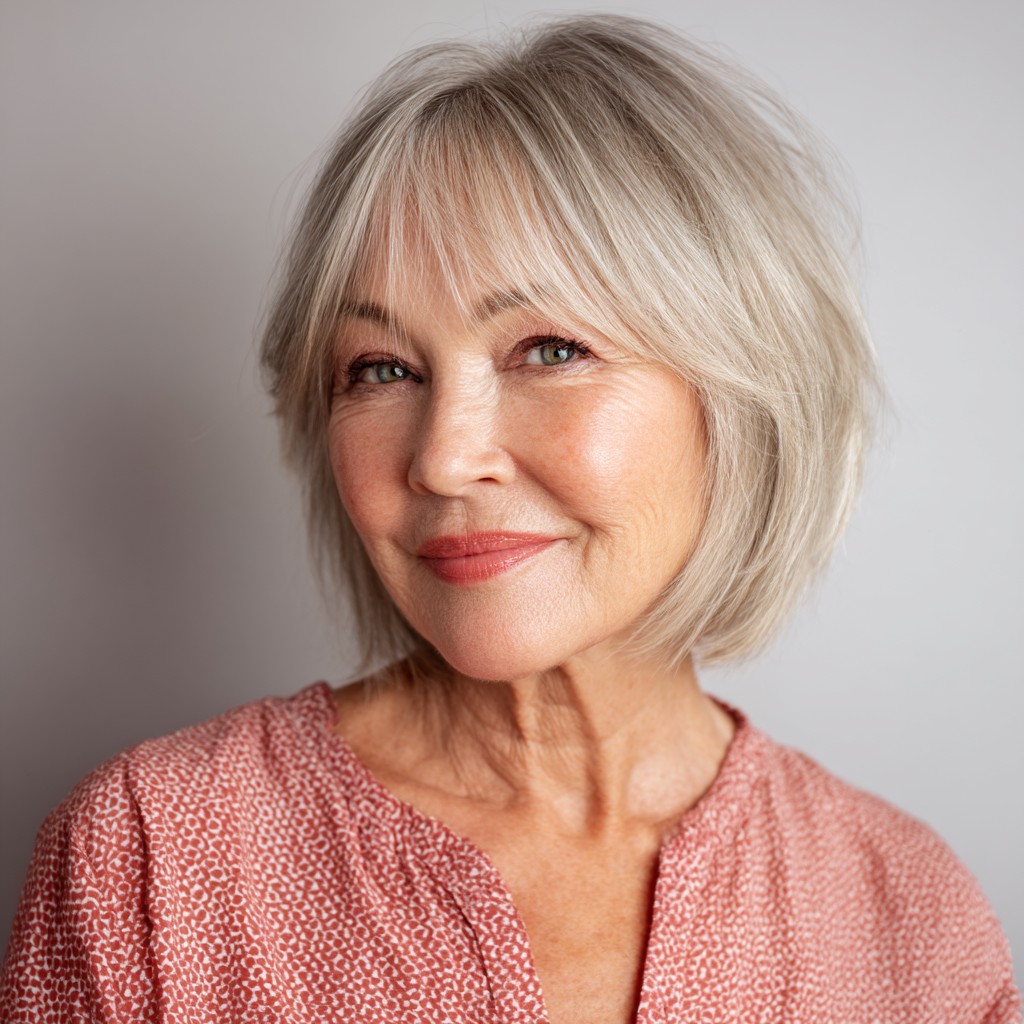 Textured Silver Blunt Bob with Soft Fringe