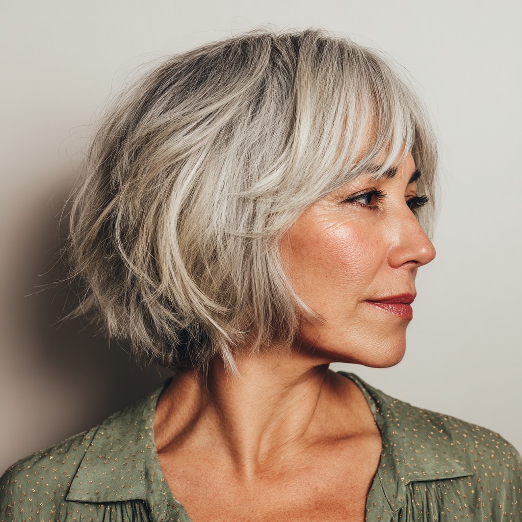 Textured Silver Bob with Soft Face-Framing Layers