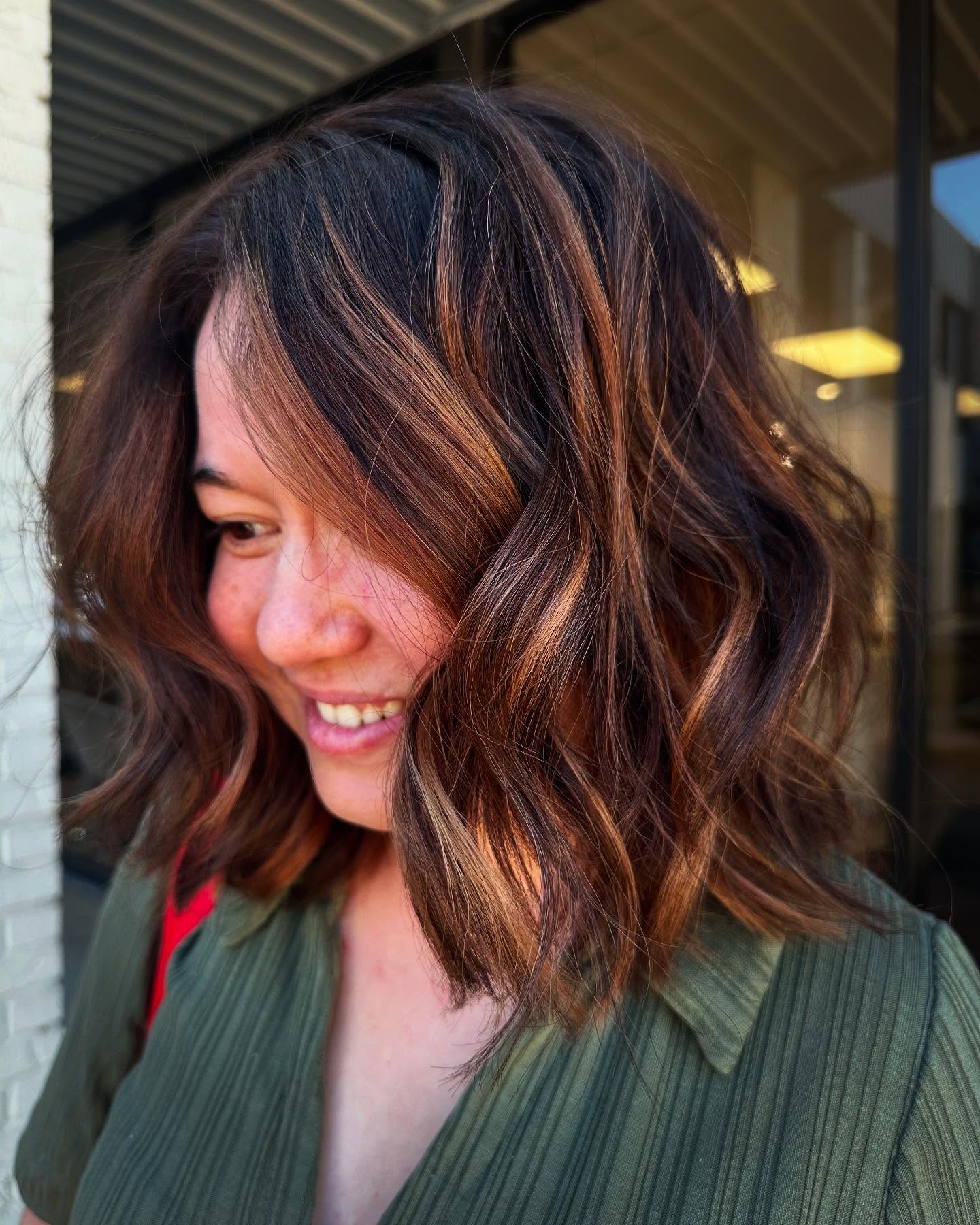 Textured Warm Brown Wavy Bob with Subtle Highlights