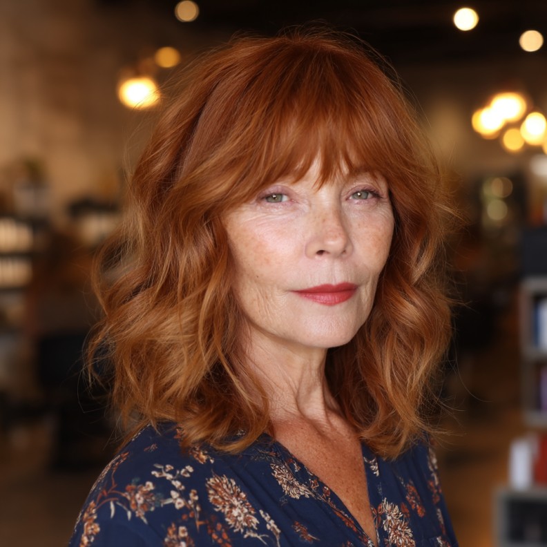 Warm Copper Waves with Soft Blunt Bangs