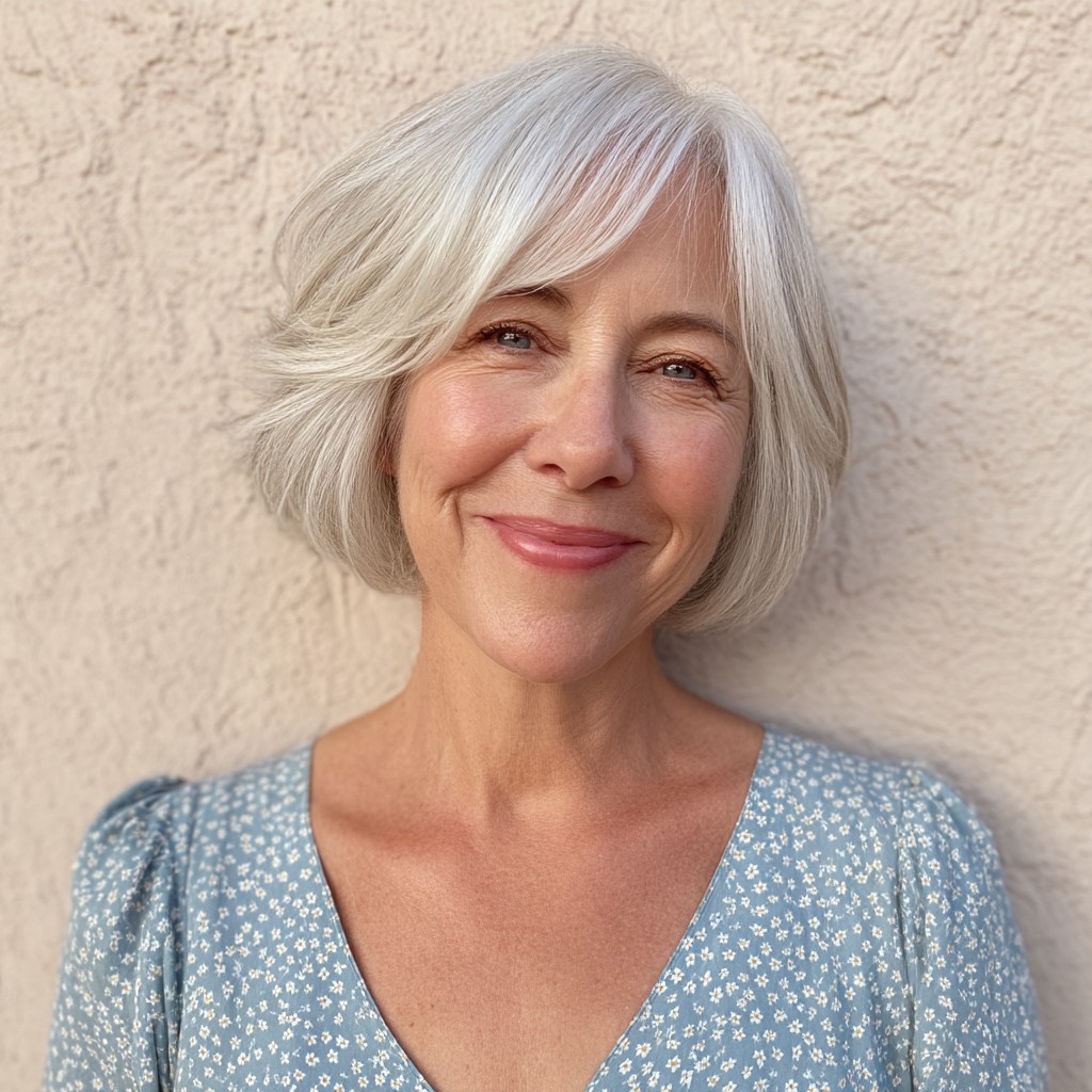 Chic Layered Jawline Bob with Soft Silver Highlights