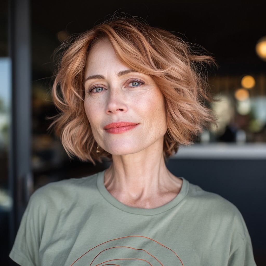 Chic Textured Jawline Bob with Soft Copper Highlights