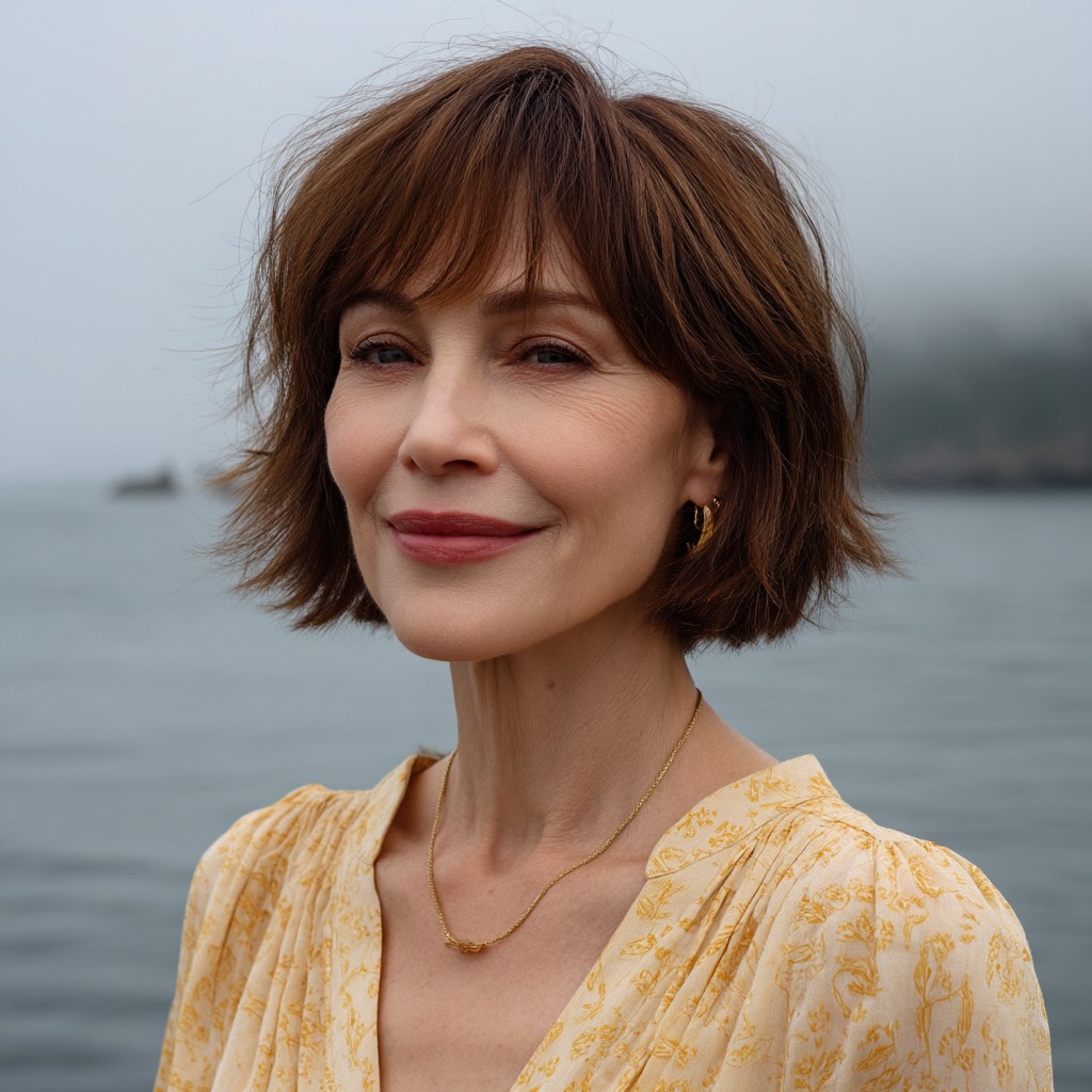 Textured Jawline Bob with Soft Wispy Bangs
