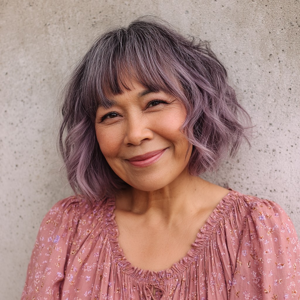 Chic Textured Bob with Playful Lavender Highlights