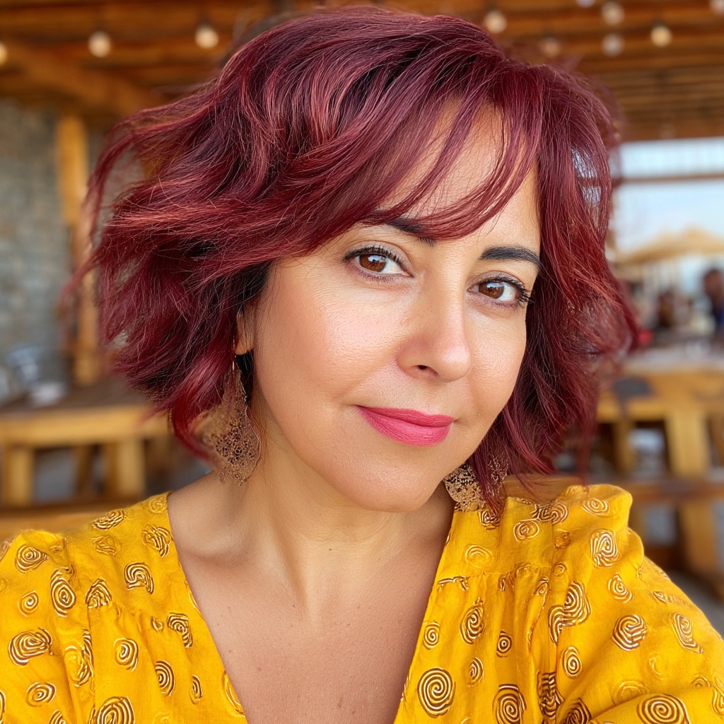 Bold Choppy Bob with Rich Burgundy Highlights