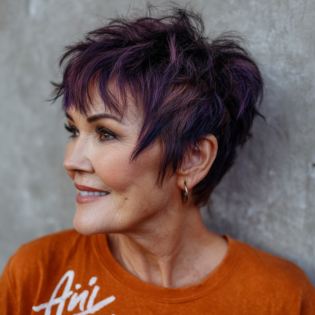 Bold Edgy Pixie Cut with Radiant Purple Undertones