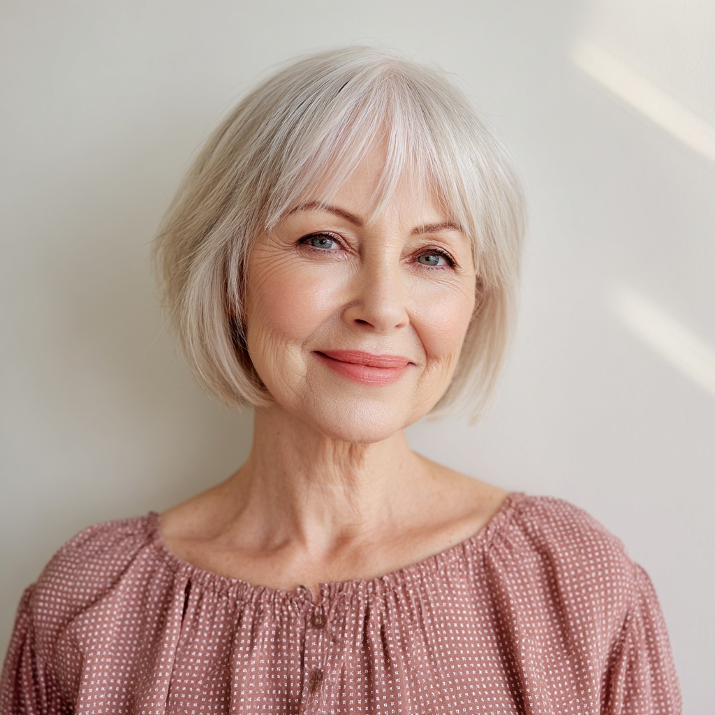 Chic Silver Blunt Bob with Soft Face-Framing Bangs