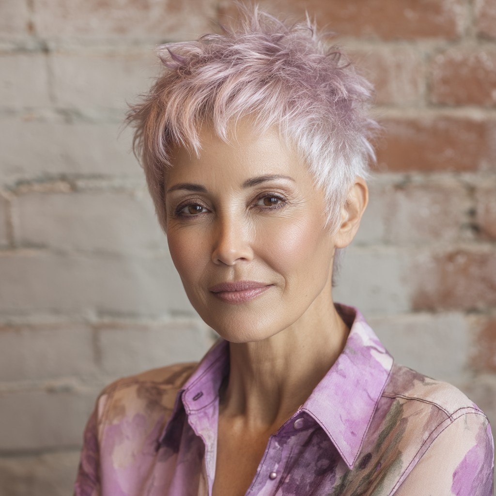chic textured pixie cut with soft pastel highlights