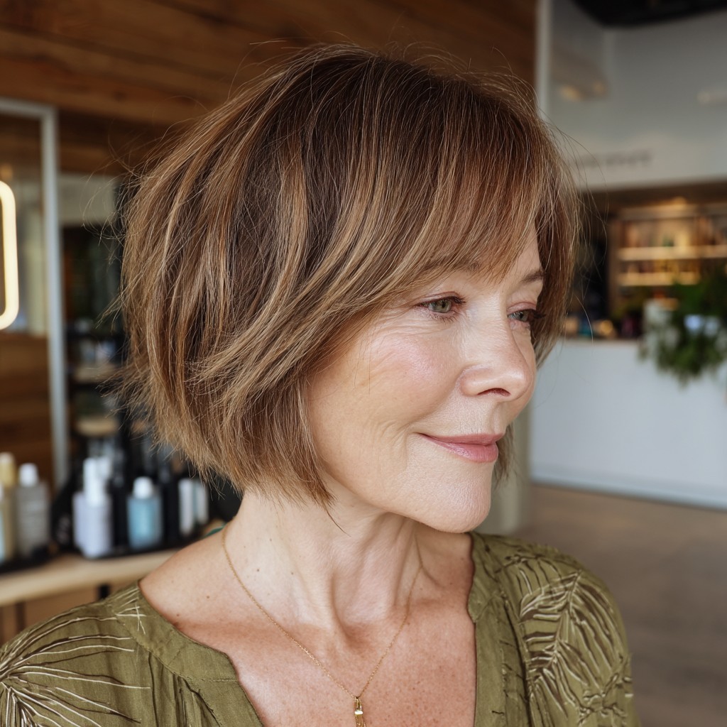 Choppy Textured Bob with Soft Caramel Highlights