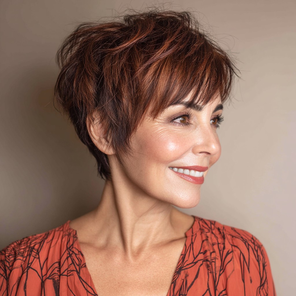 Edgy Textured Pixie Cut with Bold Auburn Highlights